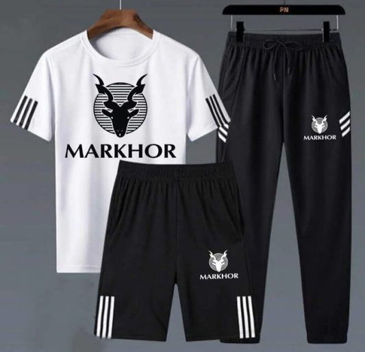 3 Piece Markhor Printed White & Black Summer